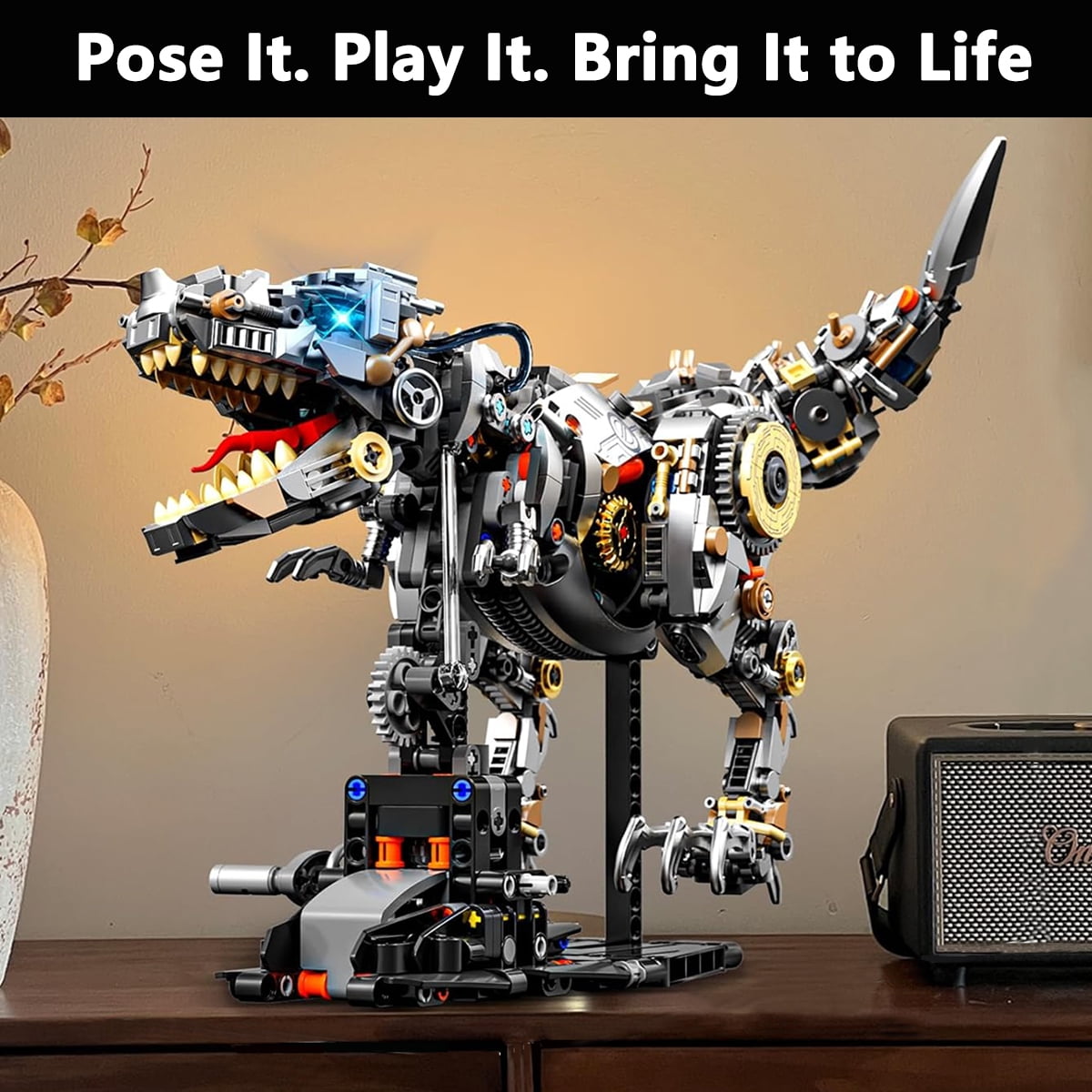 Mechanical T-Rex Building Set with Light-Up Eyes, 1268-Piece Dinosaur Model Kit for Adults & Kids 12+, STEM Toy with Movable Jaw for Home Office Decor