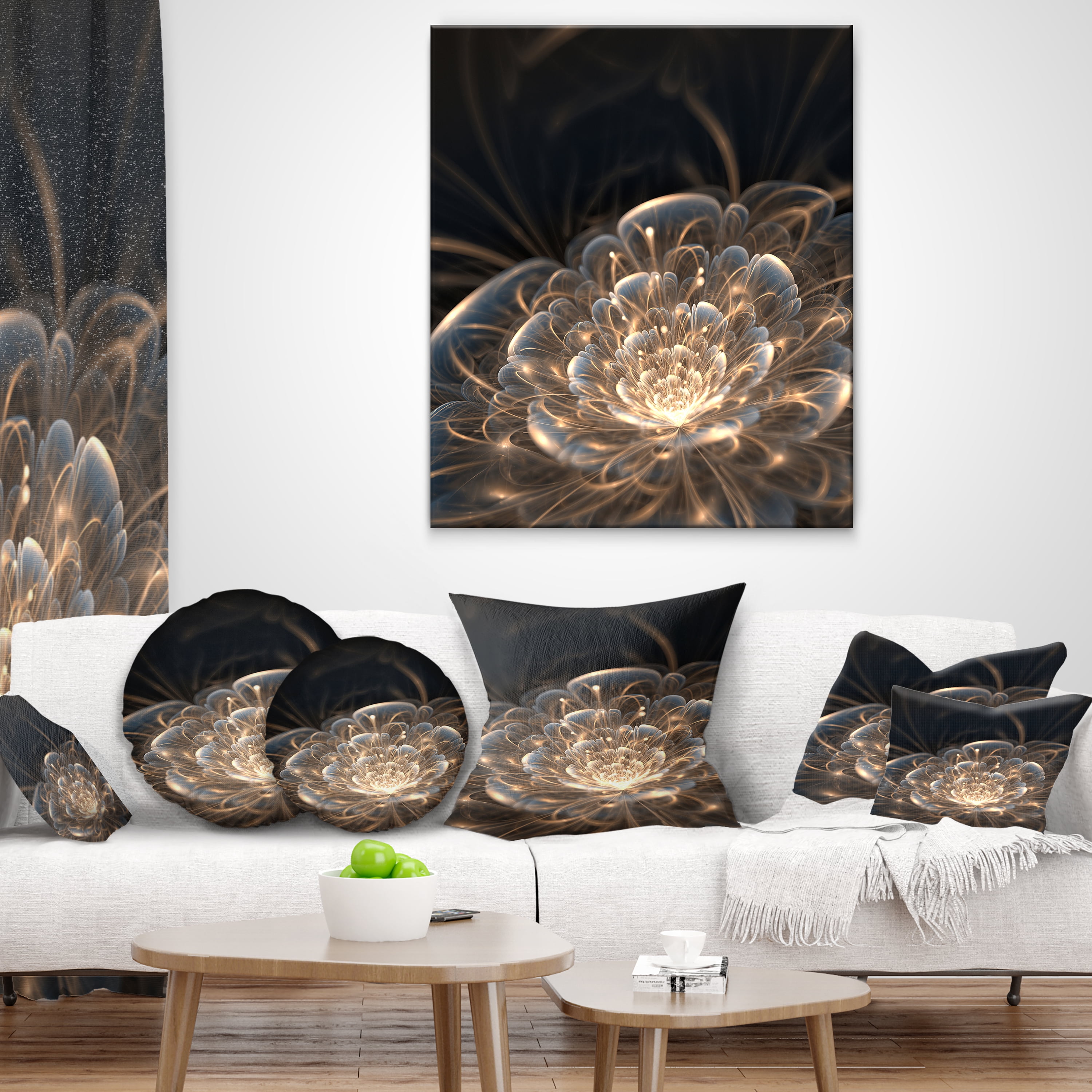 Designart Fractal Flower with Golden Rays - Floral Throw Pillow - 12x20