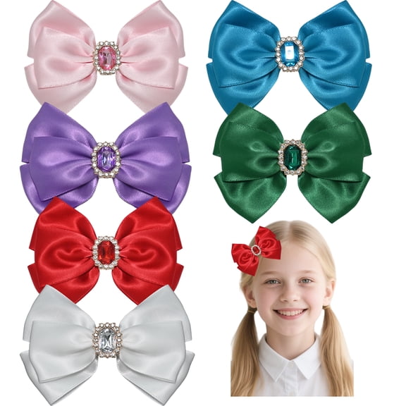 JoyBowie 6 Pcs 3.5 Inch Satin Hair Bows with Rhinestone Center, Layered Bow Hair Clips for Girls