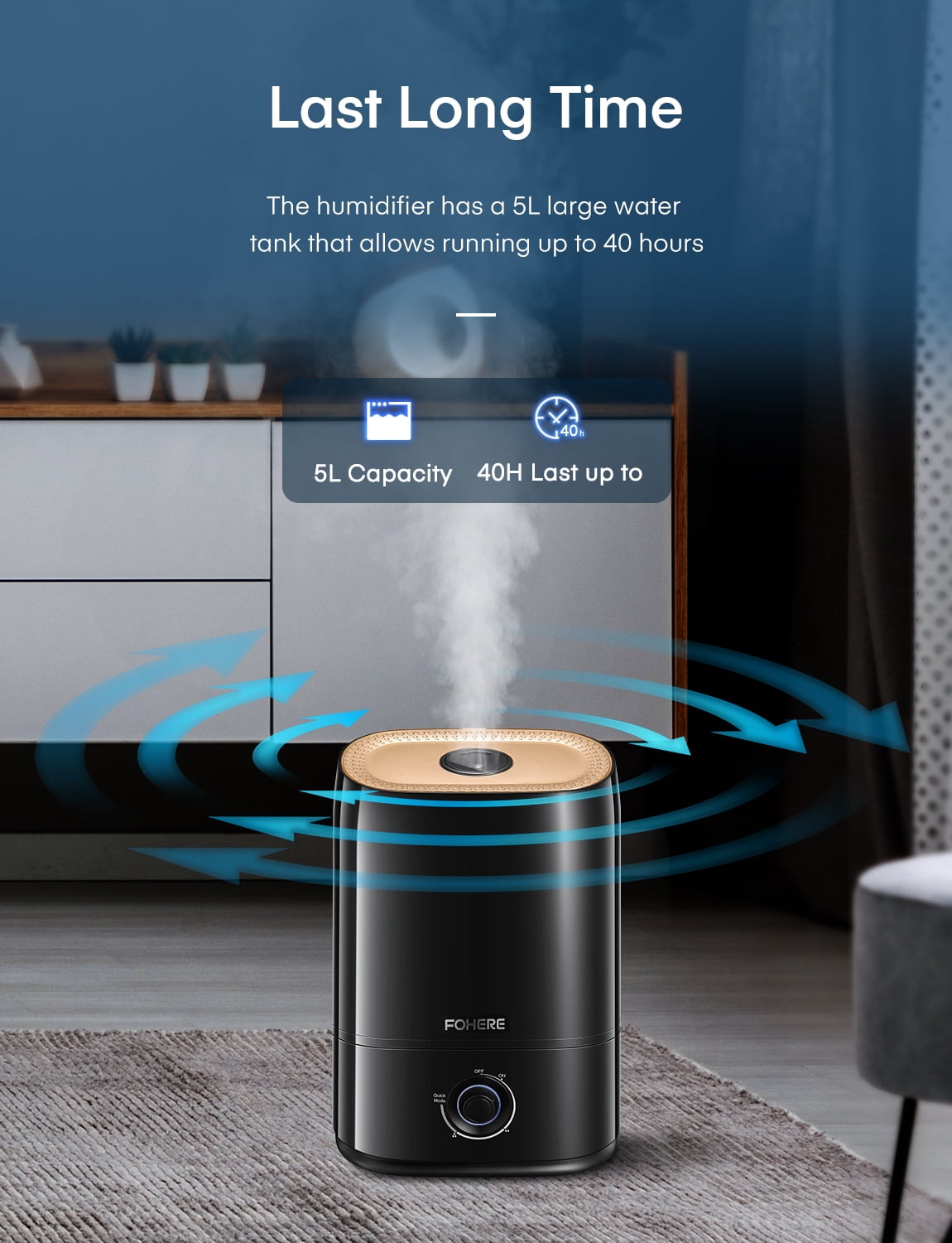Fohere Cool Mist Humidifier for Room, Smart Top Fill with Nightlight, 5L,Black