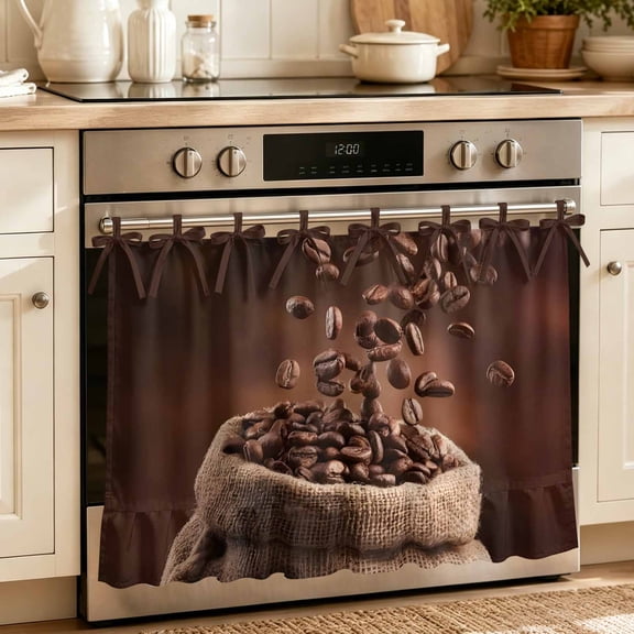 Oven Skirt Curtain for Kitchen 21.5x30 Inch, Coffee Beans Oven Curtain with 8 Ribbon Ties & Ruffle Trim, Stove Skirt Curtain Dishwasher for Cabinets Sinks Dark Brown Falling Cafe Bean Sacks Modern