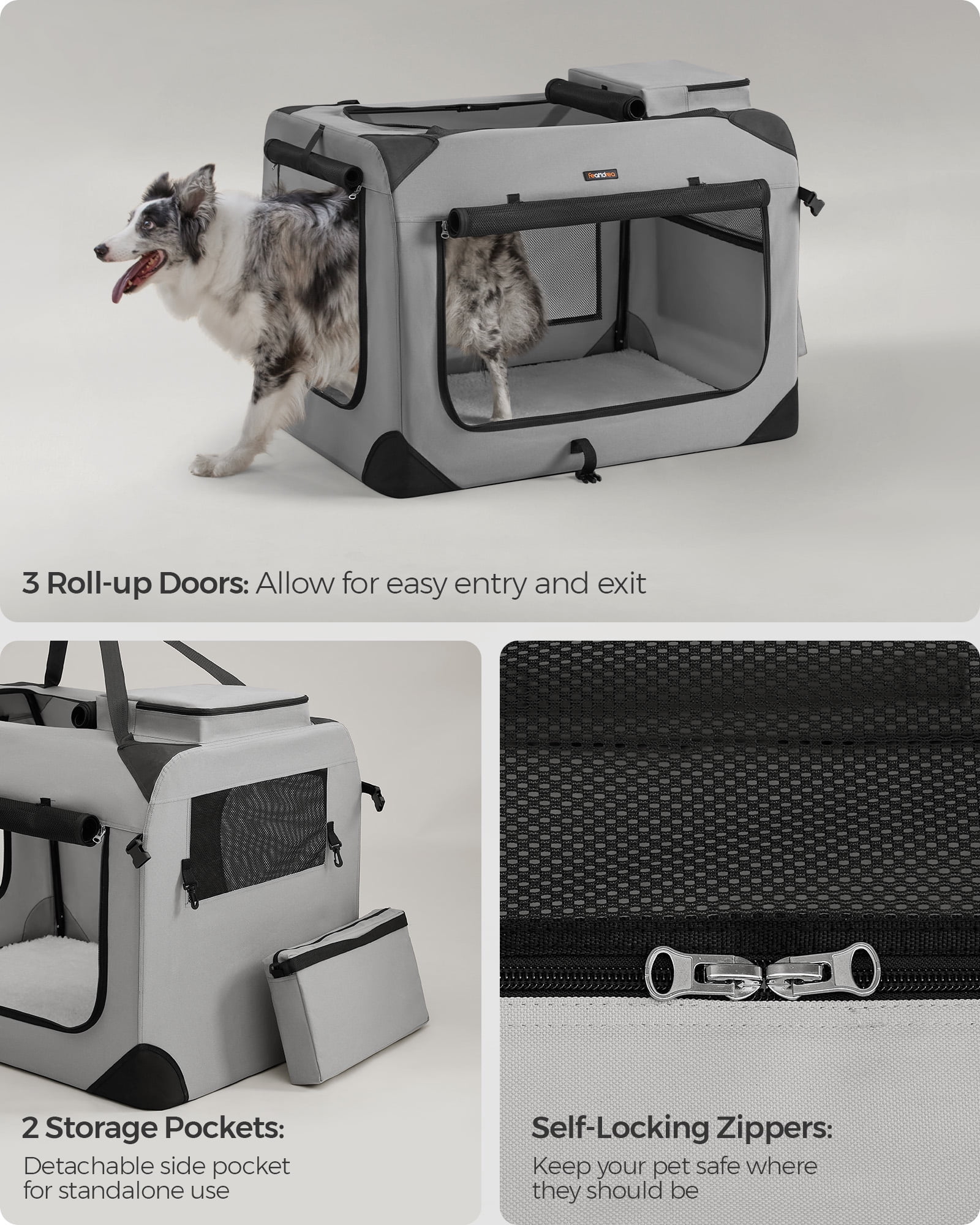 36 Inches Collapsible Soft Dog Crate, Portable Travel Dog Crate for Indoor and Outdoor Use, Dog Carrier Kennel with Safety Zippers, for Living Room, Car, Travelling, Smoke Gray