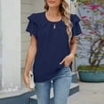 thumbnail image 4 of MIXUE Womens Tops Summer Solid Crew Crew Neck Hollow Short Sleeve Loose Casual Tee Shirts Outwear,Blue,S, 4 of 5