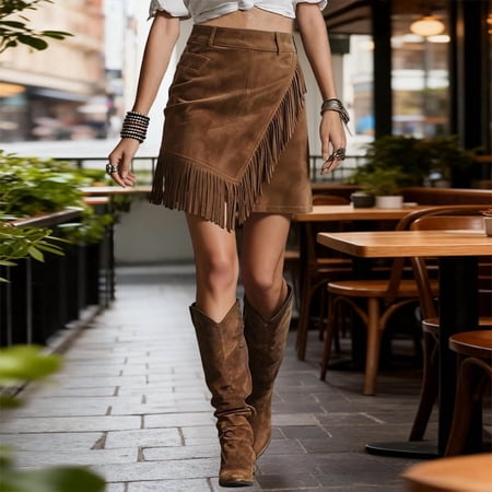 MORTTIC Women's Western Fringe Skirt Solid Color Denim-Look Pencil Mini with Decorative Pockets For Vacation Dark Brown,S
