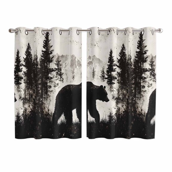 Rustic Bear Kitchen Curtains 63 Inch Length, Vintage Country Wildlife Forest Mountains Grommet Top Bedroom Living Room Curtains, Light Filtering Cafe Curtain Drapes 2 Panels Set 104''x63''