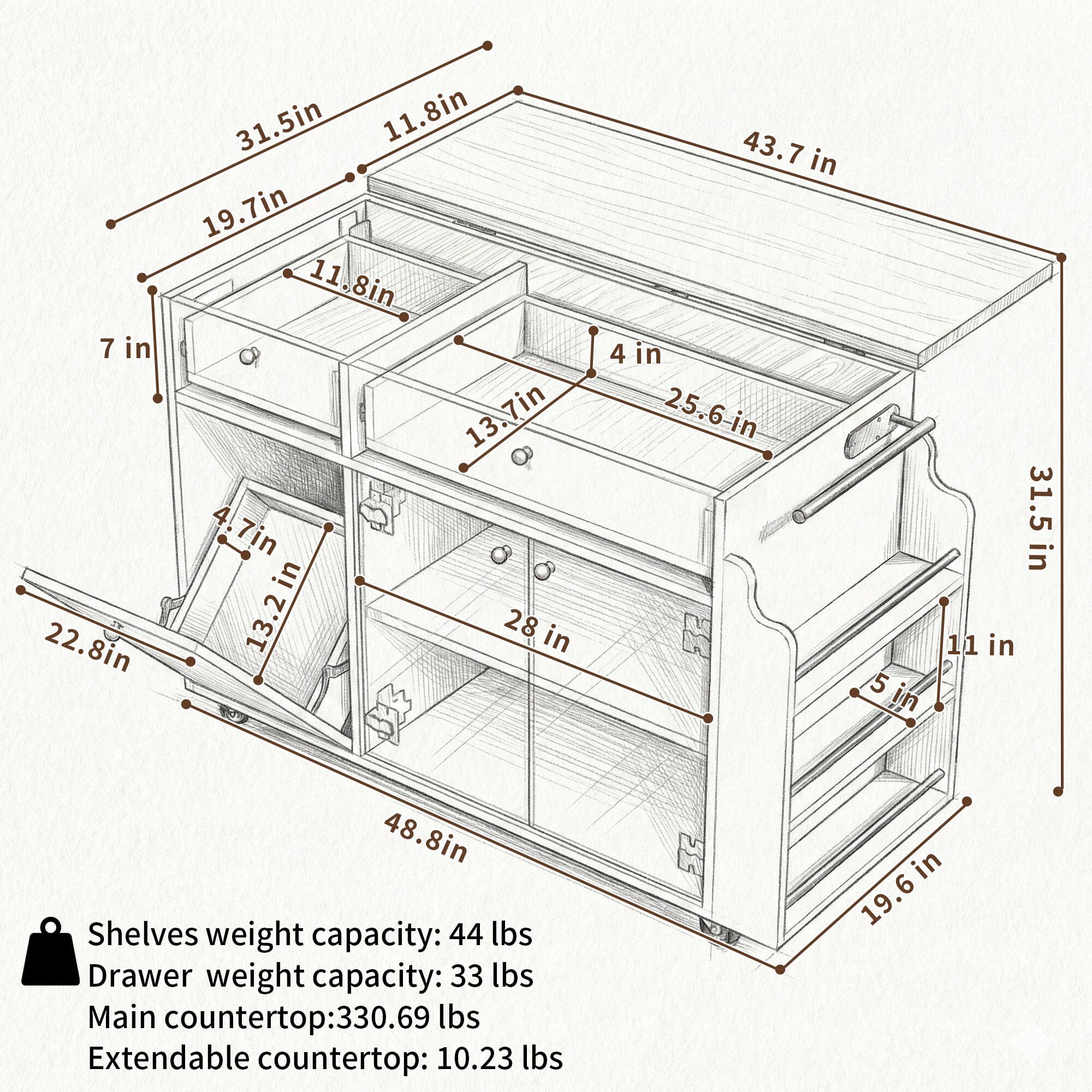Mintazer Kitchen Island with Storage Rolling Kitchen Island Cart with Drop Leaf Extension, Drawers, Spice Rack, Towel Bar, Mobile Kitchen Cart for Kitchen & Dining Room, White