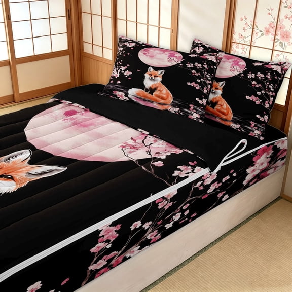 Erosebridal Gold Fox Moon Zipper Twin Comforter Sets with Fitted Sheet and 2 Pillowcases for Girls, Japanese Cherry Blossom Zipper Bedding Set, Black Reversible, 4-Piece