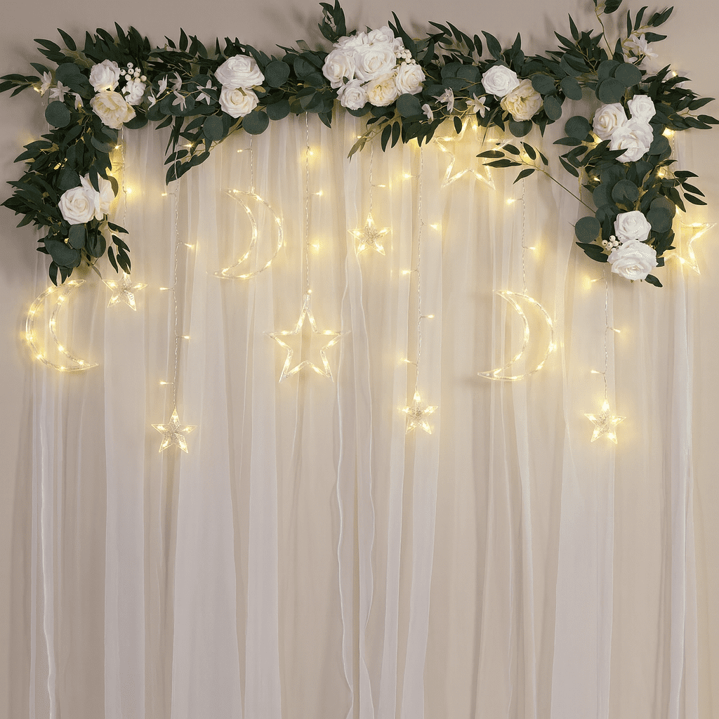 Mainstays 144-Count Indoor Battery-Operated Curtain Lights with Stars and Moons, Warm White LED, 6 ft Lighted Length