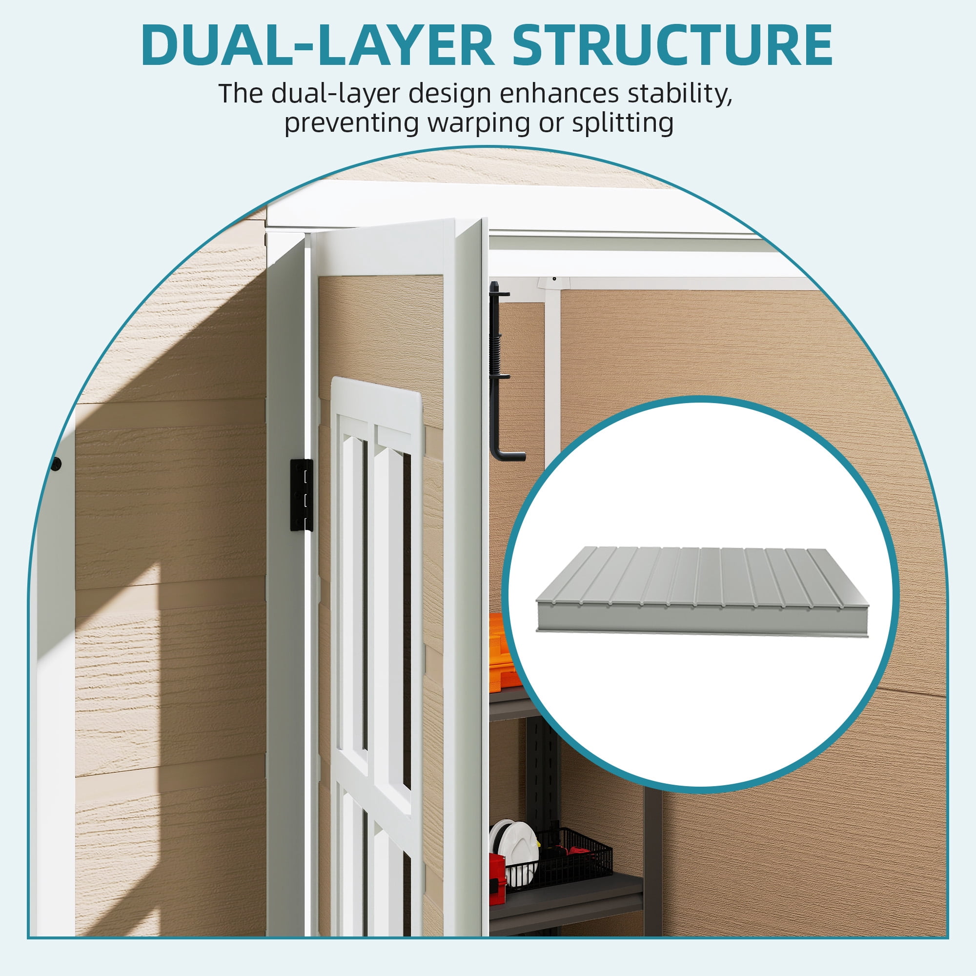 Uforic 6x4.4 FT Double-Wall Resin Outdoor Storage Shed, Plastic Garden Tool Shed with 2 Windows & Lockable Door, Waterproof Storage House for Lawn Mower, Backyard Patio Lawn, Greige & White