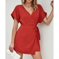 thumbnail image 2 of Women Short Jumpsuit V Neck Short Sleeve Elastic Waist Tie Pure Color Loose Short Jumpsuit for Party Holiday Club Red XL Rawiri, 2 of 6