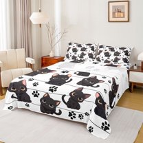 Feelyou Kawaii Black Cat Twin Sheet Sets, Cartoon Kitten Animal Bedding, 3pcs