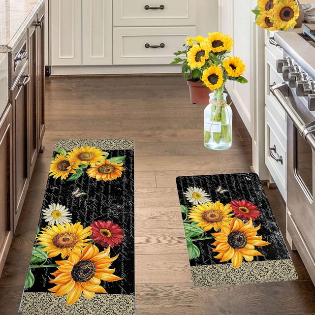 asddcavvf Sunflower Kitchen Mat Small Fresh Garden Atmosphere Kitchen Floor Mat Entry Door Mat Dirt Foot Mat Throws Soft