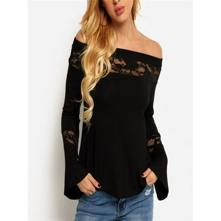 - Fashion Women Flare Sleeve Off Shoulder Cold Shoulder Lace T-shirt Tops Blouse