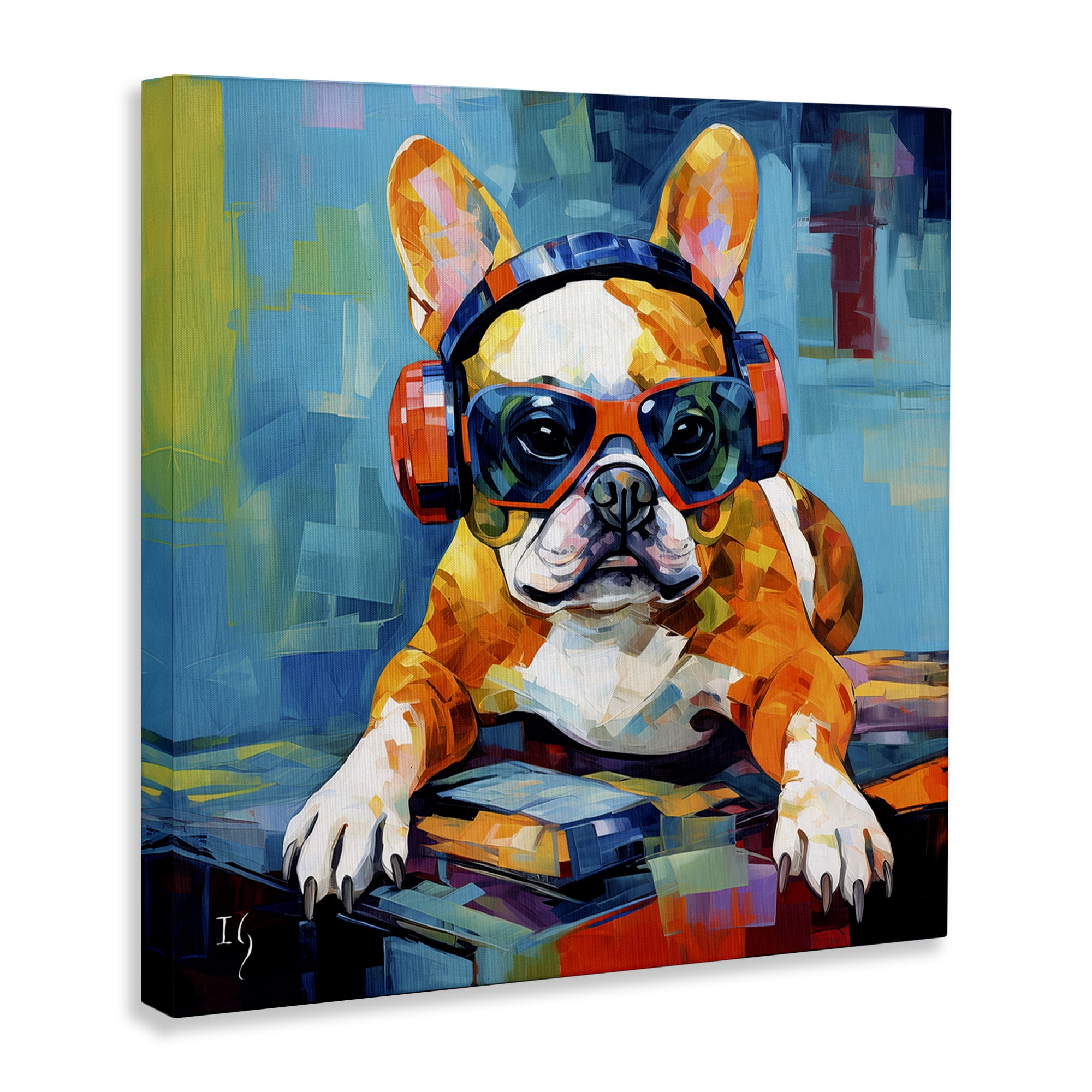 Stupell Industries French Bulldog with Headphones Animals & Insects Painting Gallery Wrapped Canvas Art Print Wall Art, 24 x 24