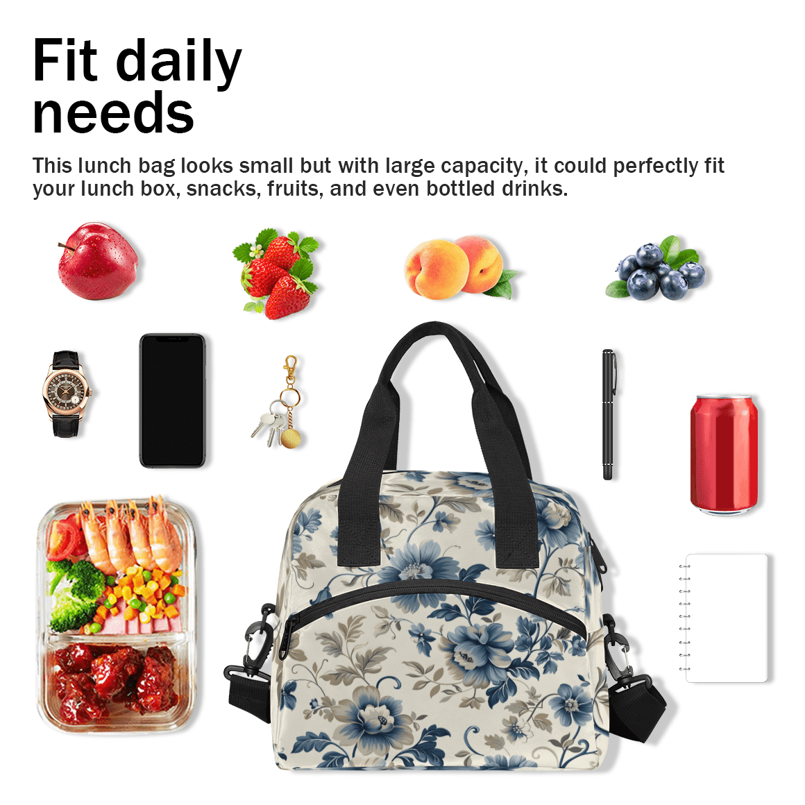 Herdesigns Vintage Floral Insulated Lunch Bag for Women Men Adults Large Reusable Lunch Box Flower Leakproof Cooler Tote Bags with Adjustable Shoulder Strap