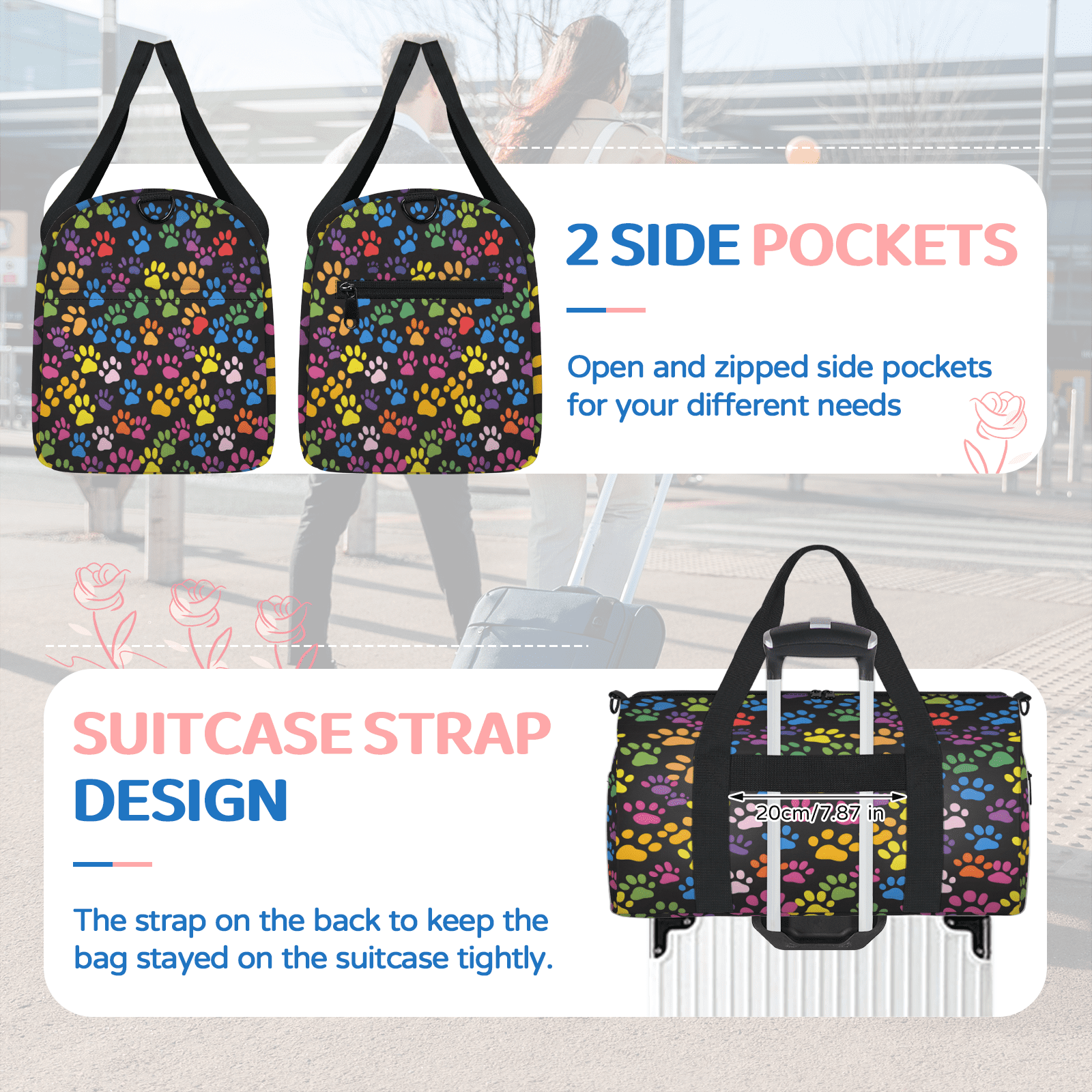 Herdesigns Paw Print Colorful Dog Paw Gym Bag for Women, Duffle Bag for Travel Sport, Lightweight Waterproof Carry on Weekender Overnight Dance Yoga Workout Bags