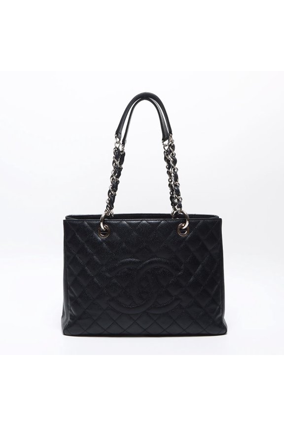 Pre-Owned CHANEL GST Caviar Leather Matelasse Shoulder Bag with Silver Hardware, Black, WS13510