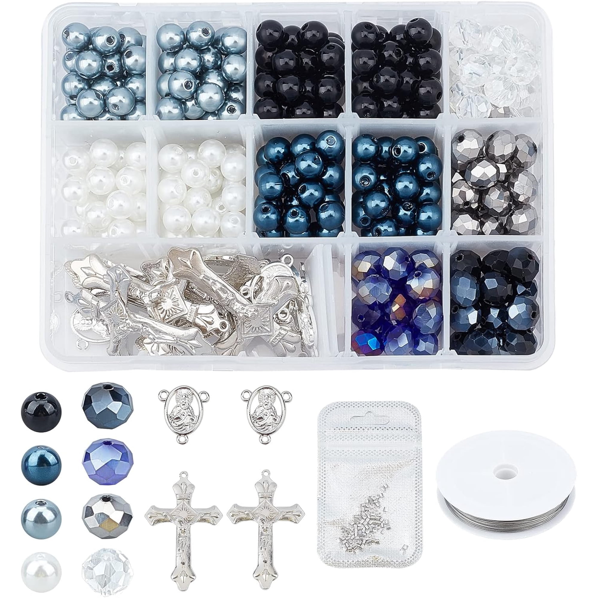 1Box DIY Necklace Making Kits 420Pcs Glass Plastic Brass Beads 16Pcs Alloy Links and Brass Pendants Tiger Tail Wire Mixed Color 10x7mm Hole: 1mm