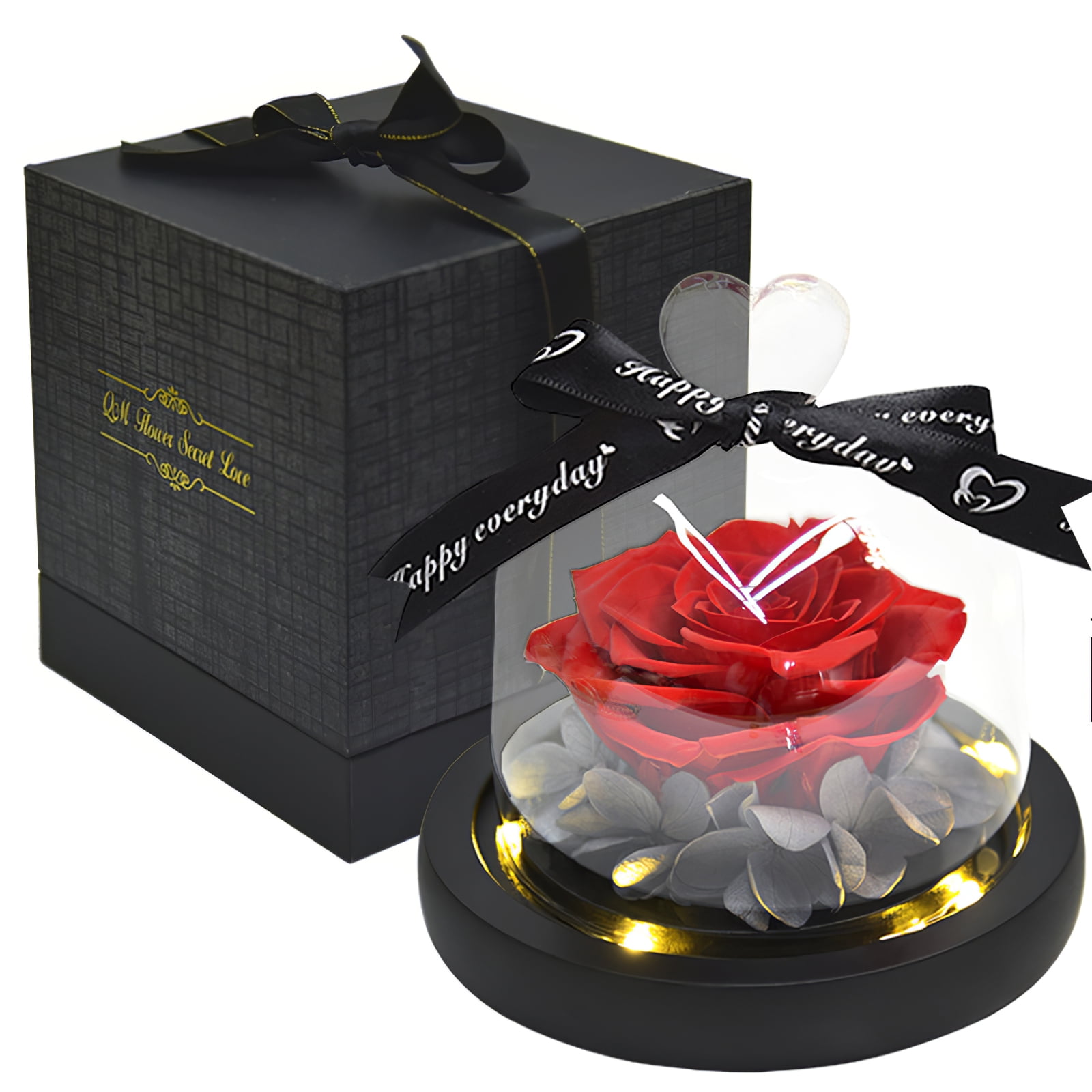 Black Gift Box,Battery Operated Preserved Flower Forever Lasting Decoration Eternal Rose-Glass Dome Romance Present Love Anniversary Light Up LED Stand Enchanted