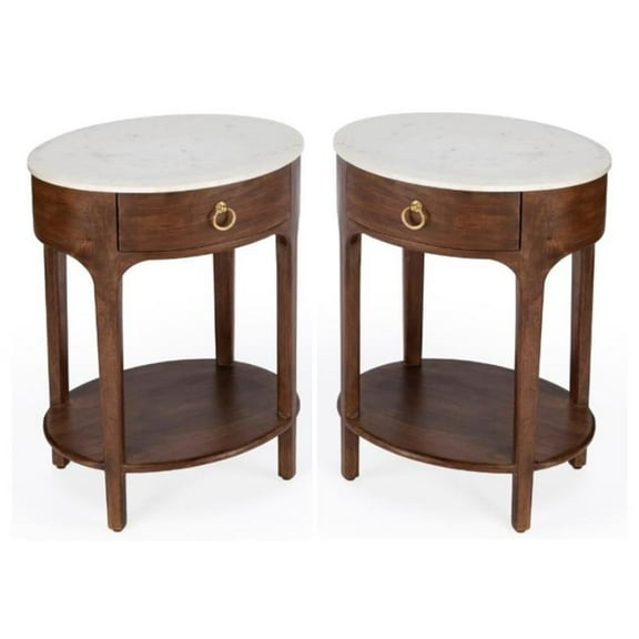 Home Square Marble & Wood Nightstand in White and Brown - Set of 2