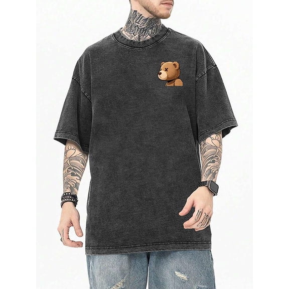 Vintage Bear Graphic Tee Washed Top Fashion Casual Short Sleeve Cotton Shirt Retro Style Black S-2XL Plus Size