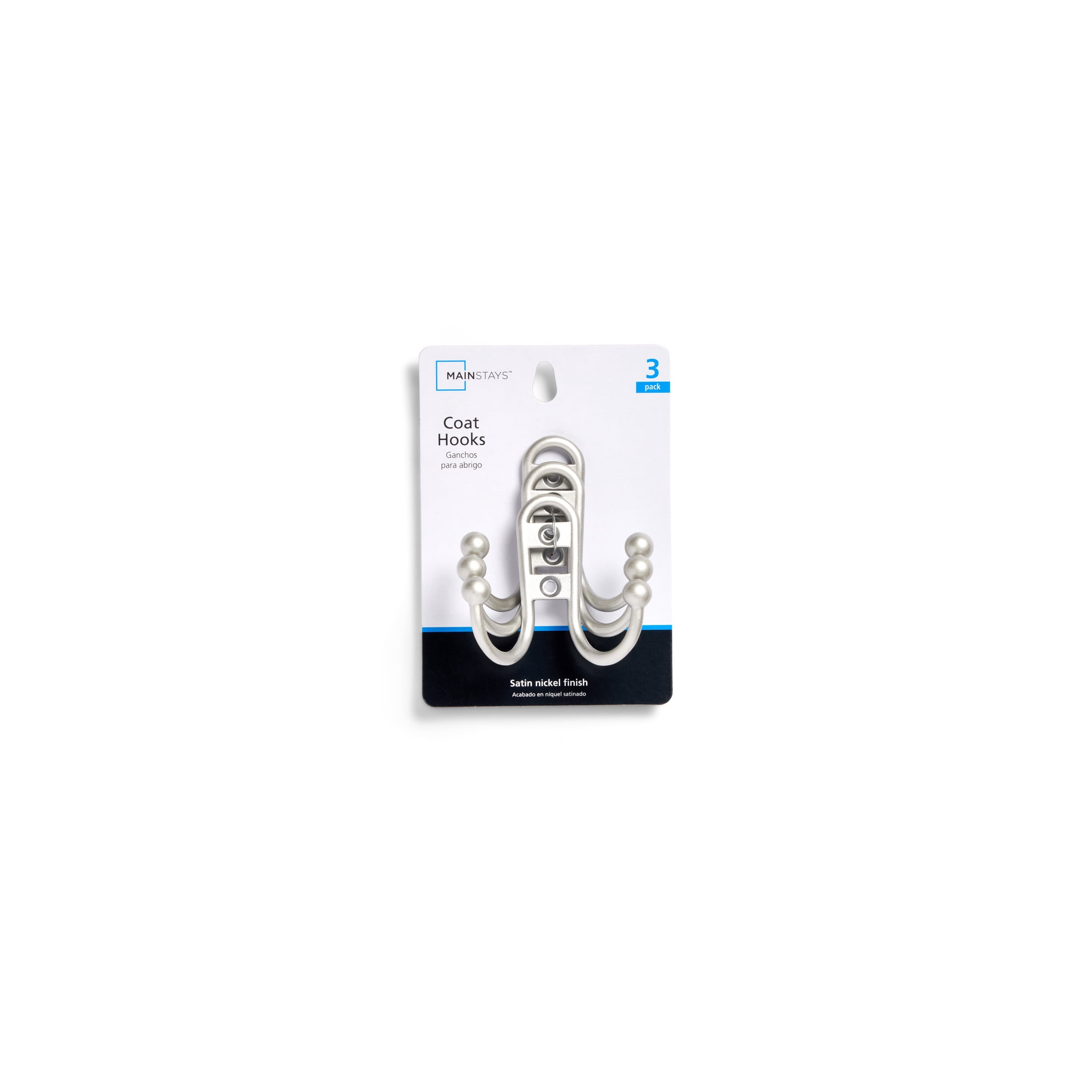 (4 pack) Mainstays, Double Hook Satin Nickel Metal Hooks, Clutter-Free Hooks for Hanging Towels and Coats, 10 lbs Capacity, 3 Pack