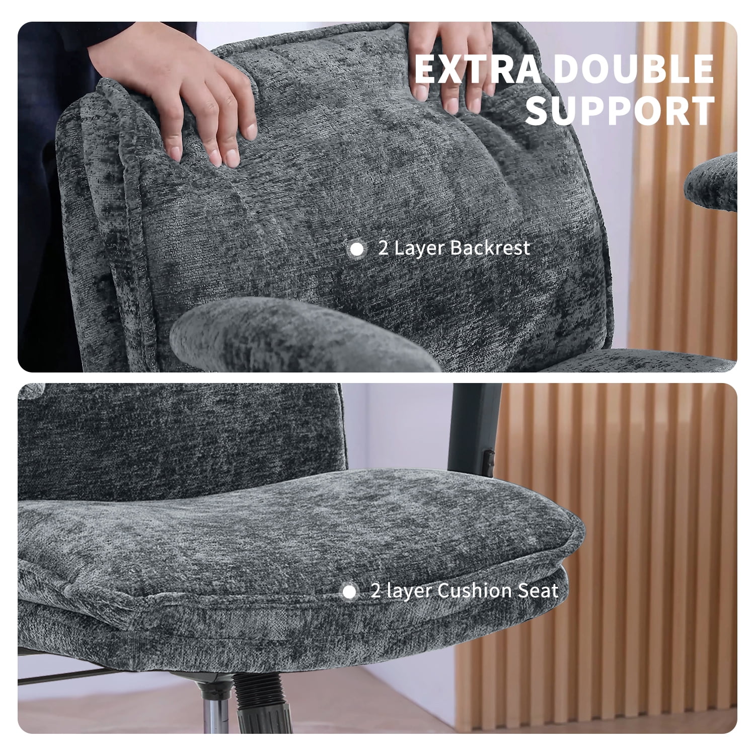 Criss Cross Chair with Wheels and Adjustable Flip-Arms, Cross Legged Office Chair with Thick Cushion, Wide Makeup Vanity Chair, Comfy Swivel Desk Chair for Home Office, Apartment, Bedroom, Grey
