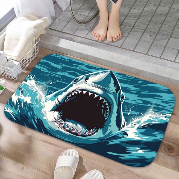 Great White Shark Luxury Flannel Bathroom Mats 16x24, Extra Soft and Absorbent Non-Slip Shower Rug for Bathroom Floor