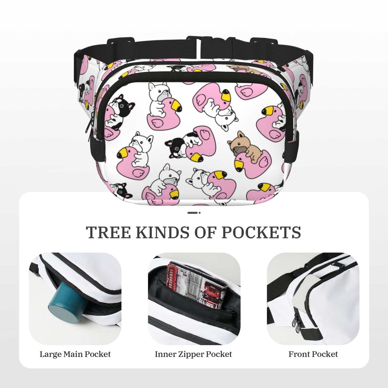 Picia French Bulldog Duck Print Square Double-Layer Waist Bag Mini Adjustable Waist Belt Bag Exercise Running Travel Hiking