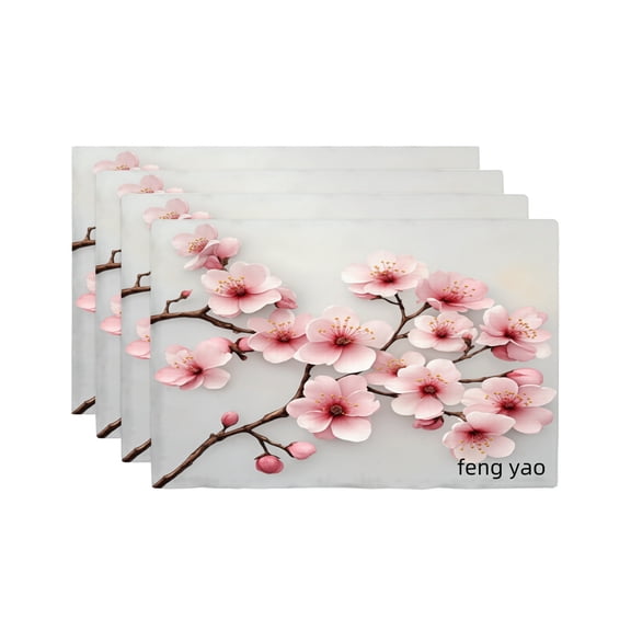 Amarainy Cherry Blossom Floral Design Linen Table Mats Set of 4 for Home Kitchen Table Decor 12x18 inch