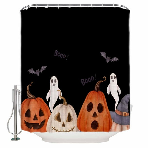 Shower Curtains for Bathroom-72"x72",Pumpkin Ghost Face Halloween Waterproof Bath Curtain Grommet Shower Curtain Set with Hooks,Scary Ghost Bat on Black Washable Bath Accessories