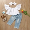 thumbnail image 4 of Scyoekwg Girls Clothes Toddler Infants Baby Girls Outfits Casual Comfy Solid Color Short Sleeve Tops Ripped Jeans Long Pants Sets (White,1-2 Years), 4 of 7
