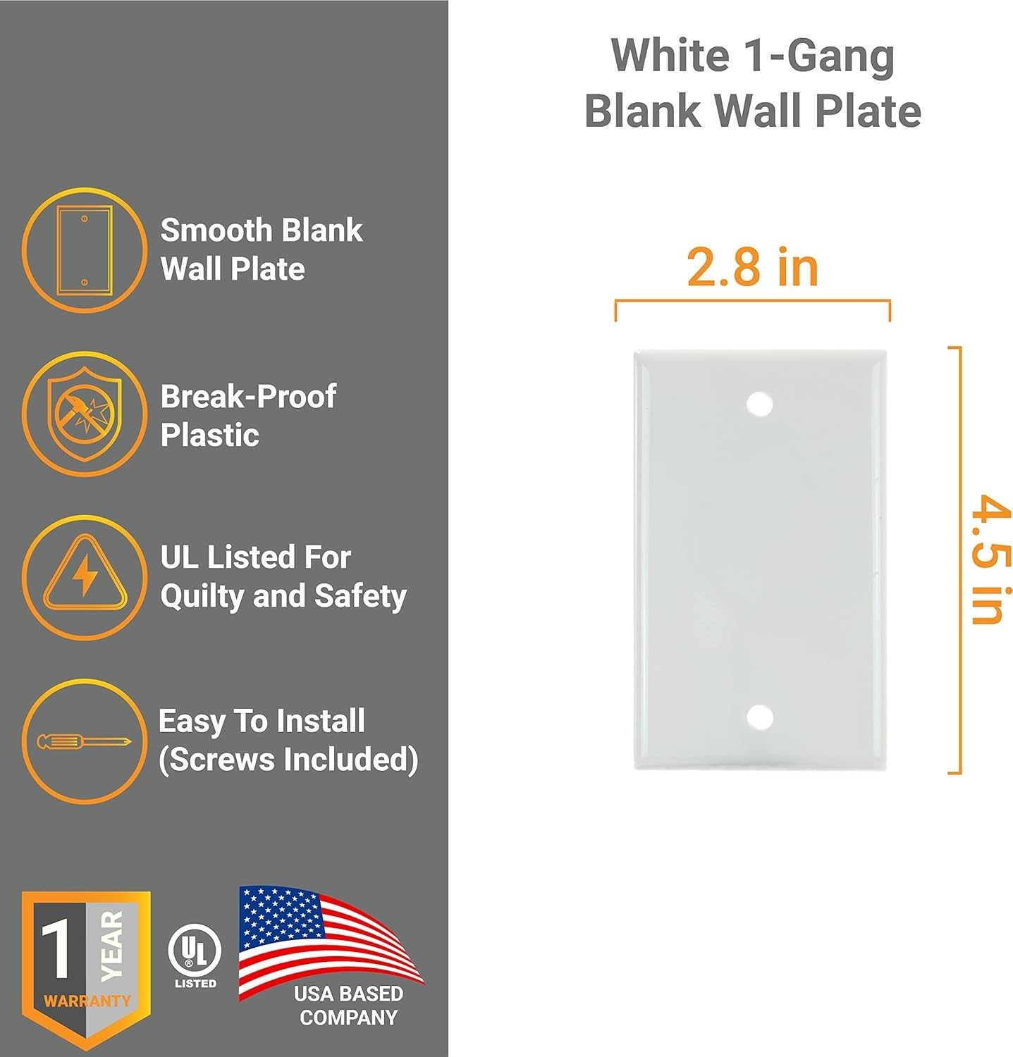 Diodesy- Pack of 12 E401W 1-Gang Blank Wall Plate Switch Cover, Single Device Receptacle Outlet Cover, White Gloss Finish, Child Safe, Blank Electrical Faceplate, Unbreakable Plastic, UL Listed