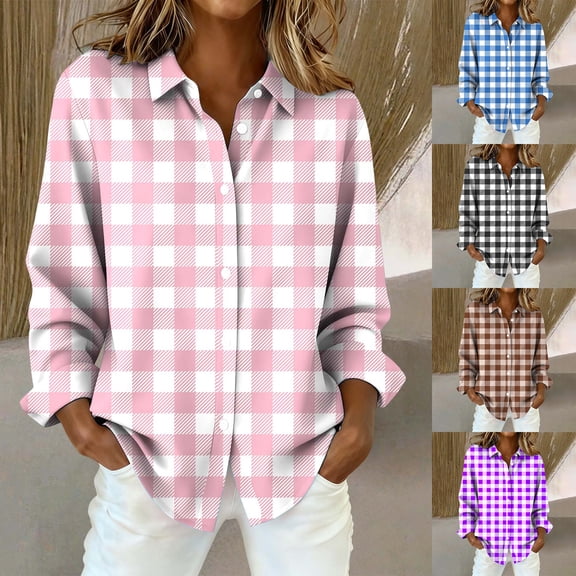VJGBEGW Button Up Shirt Women Long Sleeve Fashion Plaid Shirts Casual Loose Shirt Black L