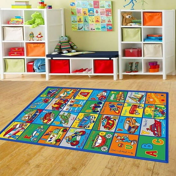 Mybecca Kids ABC Transportation Area Rug 5' x 7' (Educational Children Area Rug for Playroom & Nursery - Non Skid Gel Backing)