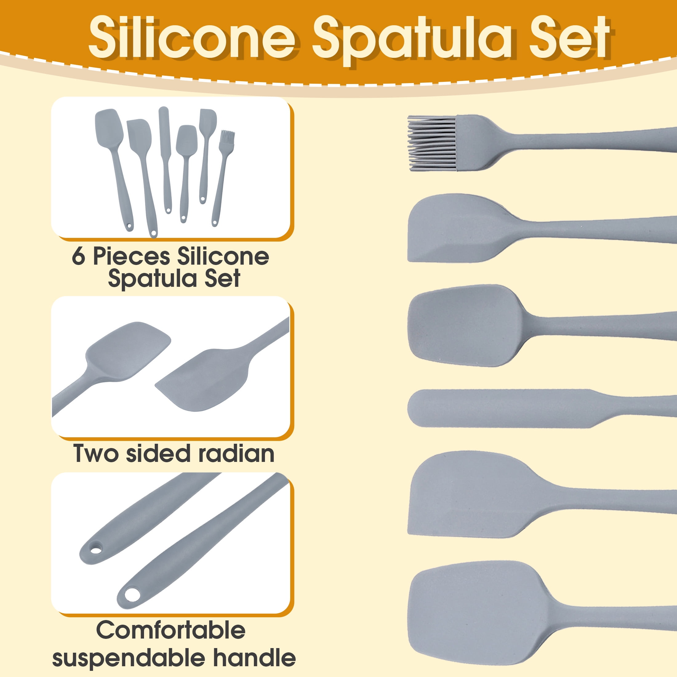 Silicone Rubber Spatula Set, 6 Pcs Food Grade Kitchen Silicone Spatula Set, Kitchen Utensils with Silicone Brush Heat Resistant Non Stick Spatula Silicone for Scraping, Baking, Cooking, Mixing
