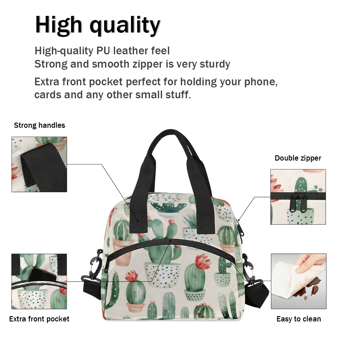 Herdesigns Cactus Insulated Lunch Bag for Women Men Adults Large Reusable Lunch Box Leakproof Portable Cooler Tote Bags with Adjustable Shoulder Strap
