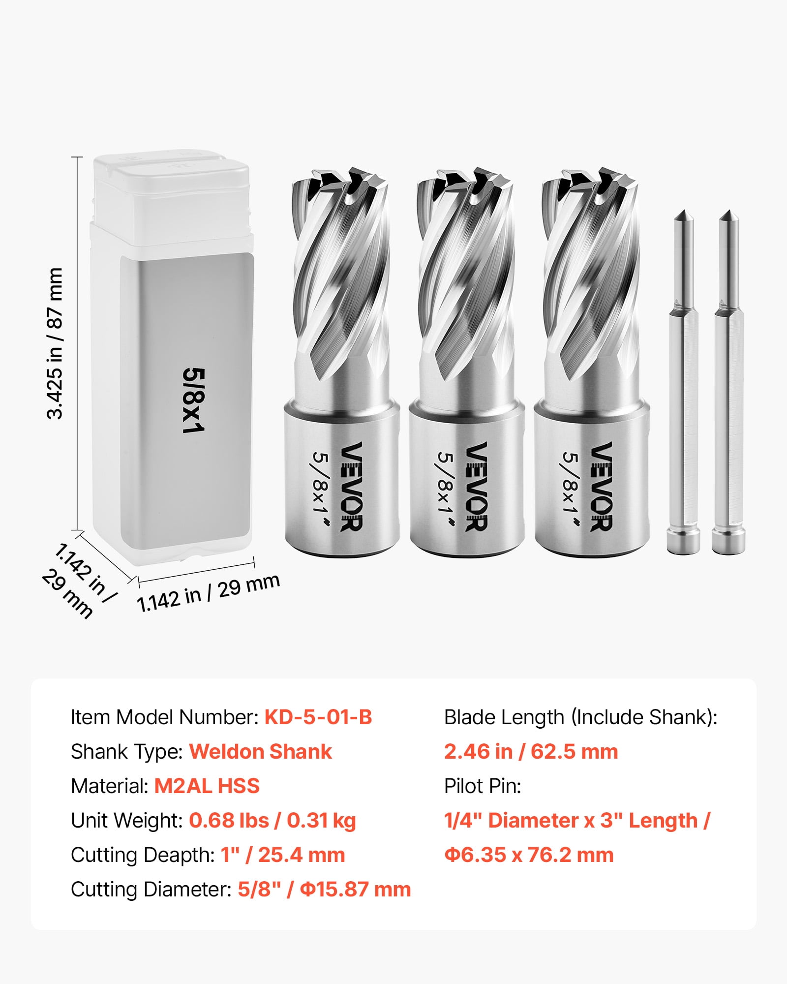 VEVOR Annular Cutter Set, 5 pcs Weldon Shank Mag Drill Bits Kit, 1" Cutting Depth, 5/8" Cutting Diameter, HSS, 3 Drill Bits with 2 Pilot Pins and 3 Plastic Cases, for Magnetic Drills, Steel, Aluminum