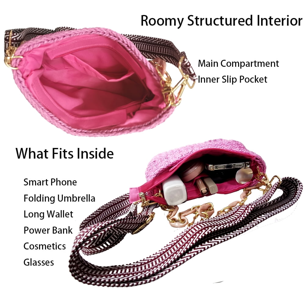 Small Handmade Straw Pocketbook Crossbody Bag for Women, Summer Chic Woven Handbag Shoulder Purse with Chain