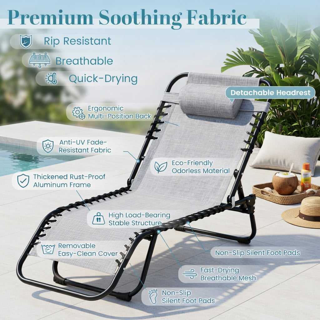Hommoo Premium Foldable Reclining Lounge Chair, Adjustable Backrest & Footrest, Portable Outdoor Beach & Camping Chair, Gray