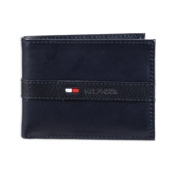 Tommy Hilfiger Men's Leather Wallet - Thin Sleek Casual Bifold with 6 Credit Card Pockets and Removable ID Window, Navy