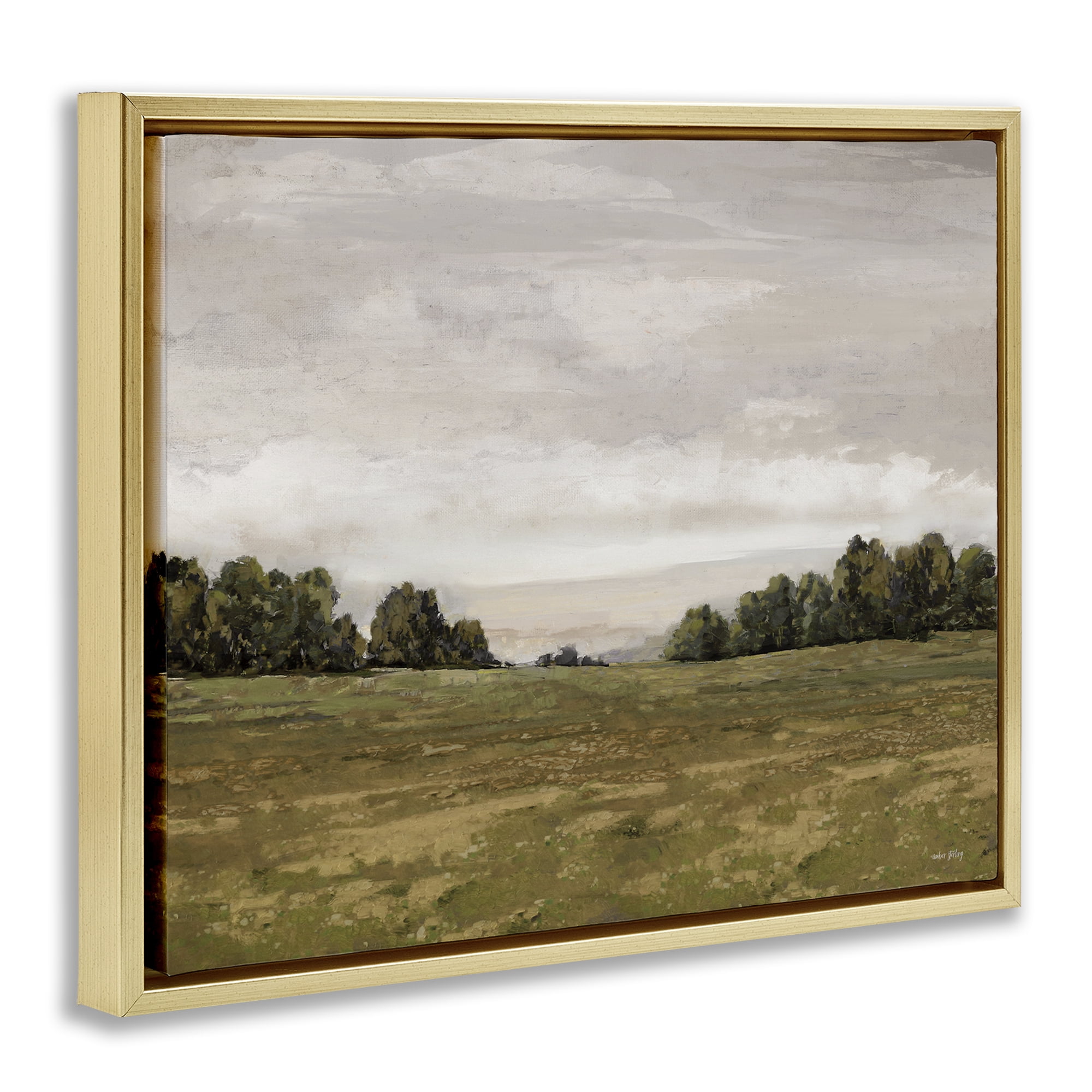 Stupell Industries Distant Trees Grassland Landscape Painting Gold Floater Framed Art Print Wall Art, 21 x 17