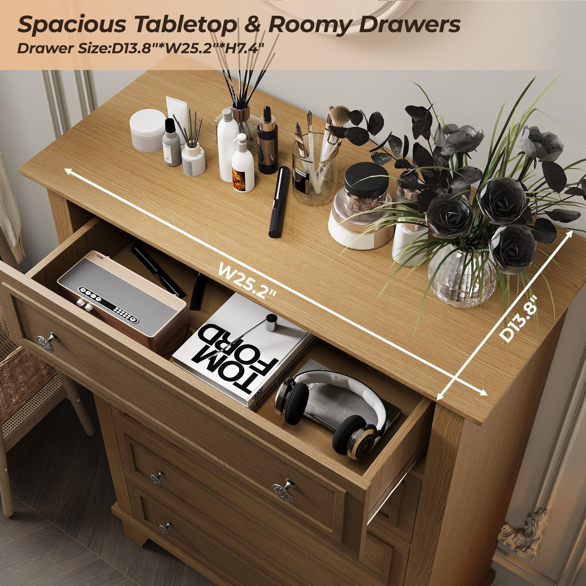 5 Drawer Dresser for Bedroom, 48" Tall Modern Chest of Drawers with Deep Drawers, Wood Storage Cabinet with Vintage Metal Handles for Living Room, Hallway, Brown