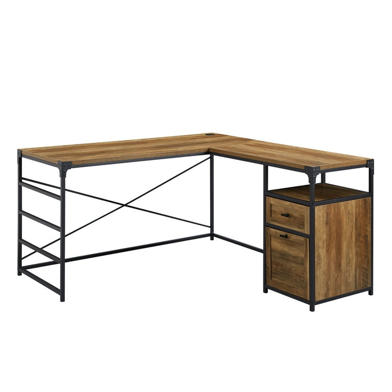Manor Park Industrial 59 in x 59 in x 31 in L Shape Metal Portable Corner Desk with Storage Brown Black