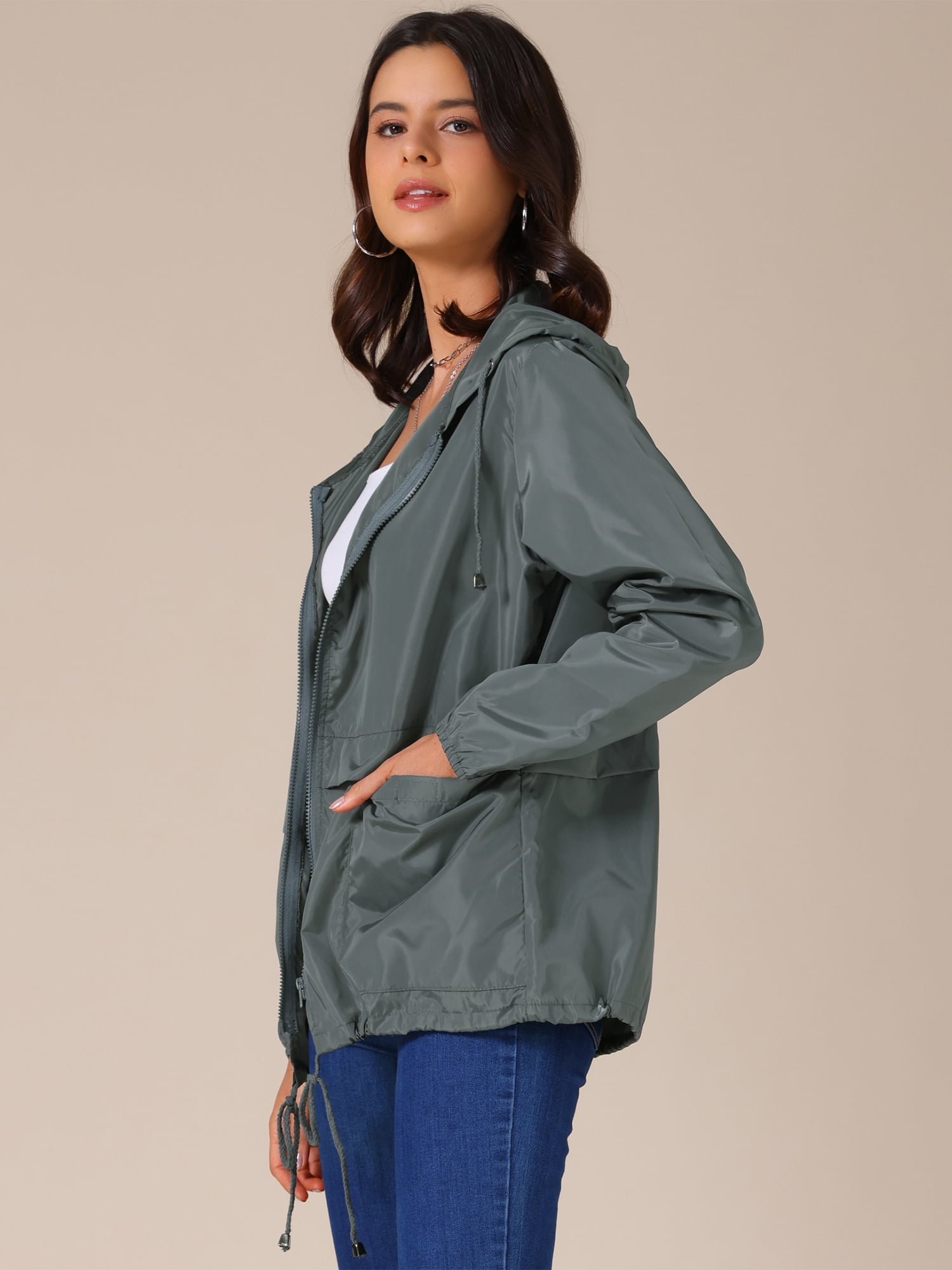 DARING DIVA Women's Lightweight Windbreaker Jacket with Hood Pockets S Dark Grey