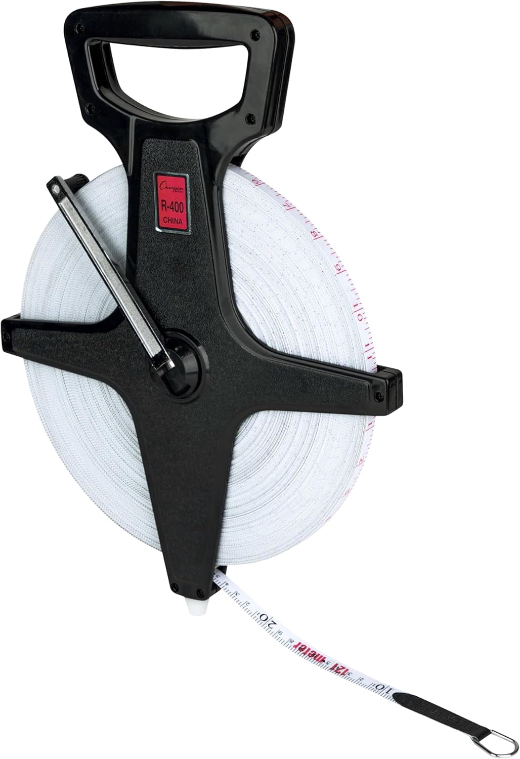Champion Sports Open Reel Measure Tape, 400 ft, 120 Meters, with Metal Spike, Hand Crank - Open Tape Measure for Track and Field, Long Jump - Durable, Dual-Sided Measuring Reel with Feet and Meters