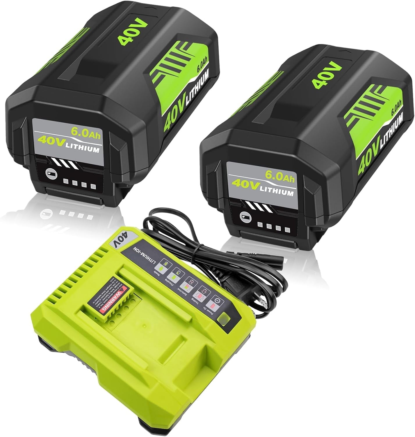 2 Packs 6.0Ah Li-ion OP40601 Battery and OP401 Charger Replacement for Ryobi 40V Battery and Charger kit Compatible with Ryobi 40 Volt Battery OP4026 OP40601 OP4050A OP4040 OP4030 OP4050(Green)