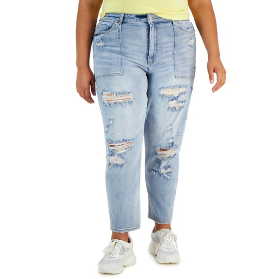 Tinseltown Trendy Plus Size Ripped Mom Jeans Creston Wash 20W