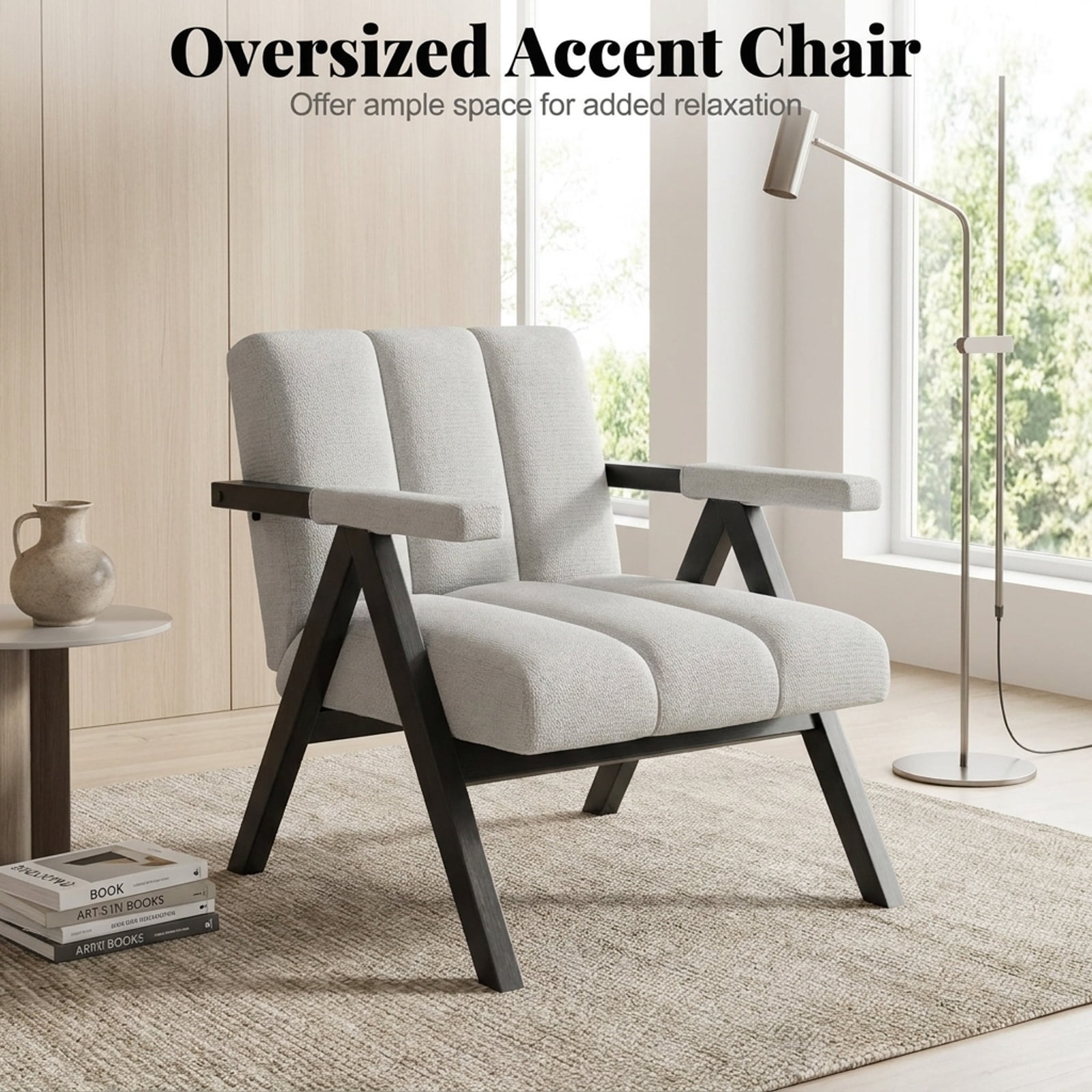 Furnibear Oversized Accent Chair with Metal Frame Ergonomic Armrests and Removable Cover for Living Room Reading Nook and Office, Beige