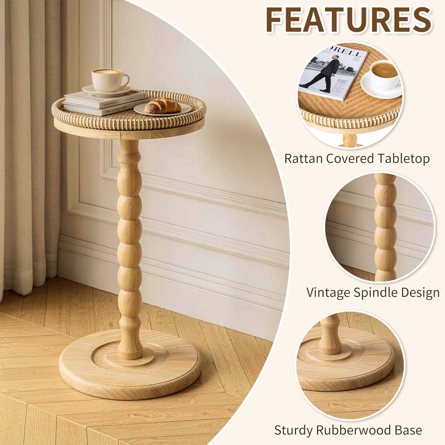 Rattan Round Side Table, Solid Wood Drink Table,Rubberwood‌ Small Drink Table for Small Spaces, Solid Wood Pedestal Coffee Tables, End Tables for Living Room, Sofa , Bedroom